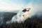 A helicopter dropping water on a wildfire in rugged terrain, backlit by a setting sun filtered through multiple layers