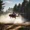 A helicopter dropping water on a wildfire in rugged terrain, backlit by a setting sun filtered through multiple layers