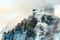 Helicopter extinguishes forest fire on the slope of fuming mount