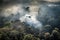 helicopter flies over lush jungle, with smoke billowing from below