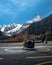 Helicopter landed on the base on the helipad in the mountains of Caucasus region in Russia