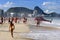 A helicopter lands on Copacabana Beach at Rio de Janeiro in Brazil.