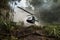 helicopter lands in dense jungle with smoke billowing from its engine