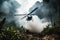 helicopter lands in dense jungle with smoke billowing from its engine