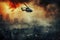 A helicopter is shown flying over a city in the sky, extinguishing a forest fire, combating a pressing environmental challenge