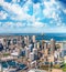 Helicopter view of city downtown buildings, Sydney