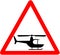 Helicopter warning caution red triangular road sign isolated on white background