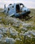 A helicopter wreckage now a vibrant field of forgetmenots Abandoned landscape. AI generation