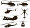 Helicopters, silhouette, set four models, vector illustration, icon, symbol, monogram, isolated, black