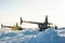 Helicopters standing on ice of North Pole.