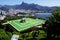 Helipad on Urca Hill with Rio de Janeiro cityscape and Corcovado mountain on the