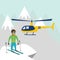 Heliskiing flat illustration with helicopter, mountains and skier.