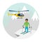 Heliskiing flat illustration with helicopter, mountains and skier.
