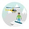 Heliskiing flat illustration with helicopter, mountains and snow