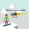 Heliskiing flat illustration with helicopter, mountains and snow