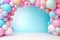 Helium balloons arch on pastel background. Wall decorated with colorful balloons for birthday party, baby shower, wedding. Mockup