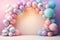 Helium balloons arch on pastel background. Wall decorated with colorful balloons for birthday party, baby shower, wedding. Mockup