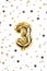 Helium golden balloon number 3 with stars confetti. Birthday greeting card. Three-year anniversary background