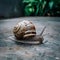 Helix snail navigates concrete floor in close up photo