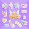 Hell princess sticker collection. Set of vector cute princess stickers and icons - star, donut, sneakers, cat, heart and