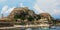 Hellenic temple and old castle at Corfu island