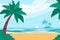 Helllo Summer. Summer Vacation On Sea Beach Landscape with Palms and Island. Beautiful Seascape Banner Seaside Summer