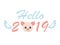 Hello 2019 card design with cartoon pigs face. Chinese symbol of the 2019 year. Vector illustration