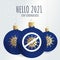 Hello, 2021. The concept of a new year`s card in a square format. Hope in stop the virus. Christmas and New year. Blue Christmas