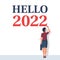 Hello 2022. Woman draws on wall. Vector illustration flat design.