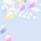 Hello adventures banner. Colorful balloons fly in sky. White clouds, Blue background