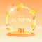 Hello Autumn background with 3D plastic stage, gift box, neon arch and autumn leaves fall.