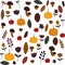 Hello Autumn background. Autumn composition of leaves, pumpkins, mushrooms, apples, flowers and berries. Harvest season. Thanksgiv