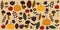 Hello Autumn background. Autumn composition of leaves, pumpkins, mushrooms, apples, flowers and berries. Harvest season. Thanksgiv