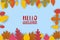 Hello Autumn, background with falling leaves, yellow, orange, brown, fall, lettering, template for poster, banner