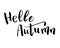 Hello Autumn black ink lettering on white background. Modern brush pen hand lettering inscription. Autumn season message