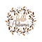 Hello Autumn - calligraphy with brown hand drawn leaf wreath.