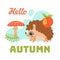 Hello autumn card with funny hedgehog carrying apple flat vector illustration.