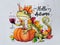 Hello Autumn Celebration Illustration with Festive Frog on Pumpkin Holding Wine Glass