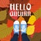 Hello autumn color illustration. Person feet standing in sneakers on yellow, red, green fallen leaves. Hand drawn