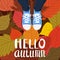 Hello autumn color illustration. Person feet standing in sneakers on yellow, red, green fallen leaves. Hand drawn