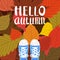 Hello autumn color illustration. Person feet standing in sneakers on yellow, red, green fallen leaves. Hand drawn