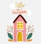 Hello autumn, countryside house leaves nature text card