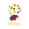 Hello Autumn greeting card with falling Autumn leaves and Cartoon Hedgehog flat style. Welcone Fall. Seasonal decorative