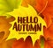 Hello autumn greetings vector design with yellow maple leaf