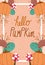 Hello autumn hand lettering phrase pumpkins mushrooms and foliage banner