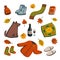 Hello autumn icons. Autumn essentials warm clothes, leaves, book, all for warm atmosphere. Fall season elements on white