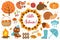 Hello Autumn icons set flat or cartoon style.Collection design elements with leaves, trees, mushrooms, pumpkin, wild