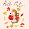 Hello autumn with leaves and cute hedgehog holding red apple