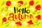 Hello autumn lettering with amanita. Fall season background