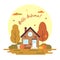 Hello autumn. Picture of a house with trees and pumpkins, flat style illustration